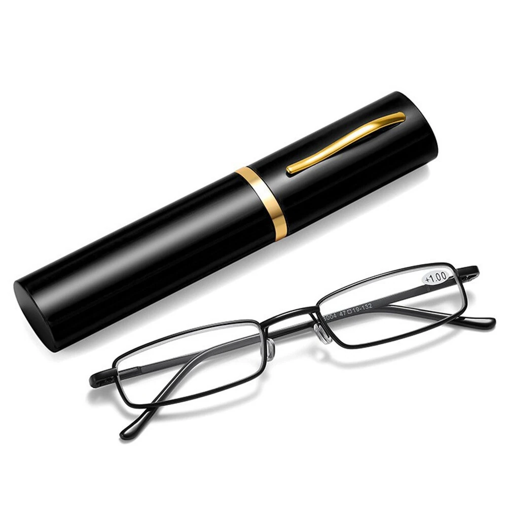 Portable Mini Lightweight Reading Glasses with Pen Tube Case Anti-blue Light Presbyopic Glasses Metal Case Women Men Eyeglasses +1.5-+3.5 (image for) Portable Mini Lightweight Reading Glasses with Pen Tube Case Anti-blue Light Presbyopic Glasses Metal Case Women Men Eyeglasses +1.5-+3.5